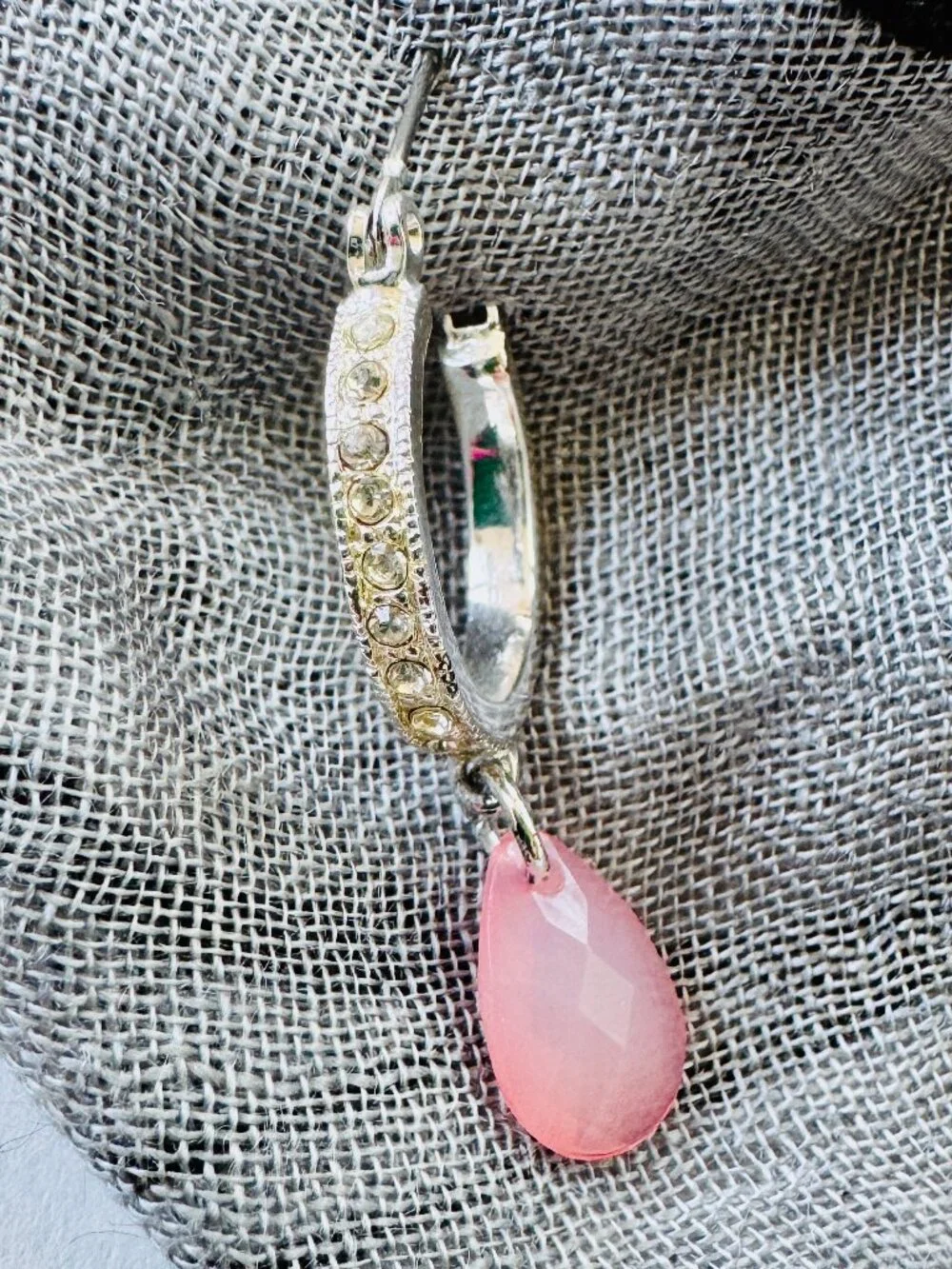 Gallery Design Hoop Earrings Silver Tone With Crystals & Pink Teardrop Stone NEW